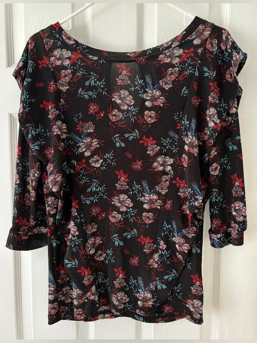 Free People Black Floral Long Sleeve Top with Red & Teal Accents